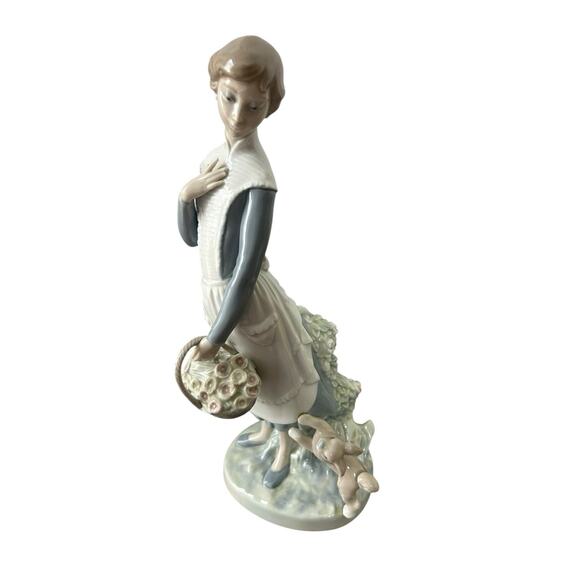 Vintage Rare Nao by Lladro Figurine Girl With Basket’s Flowers And Dog 11”